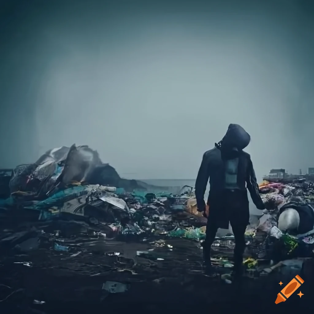 moody urban scene with a gas mask on the ground