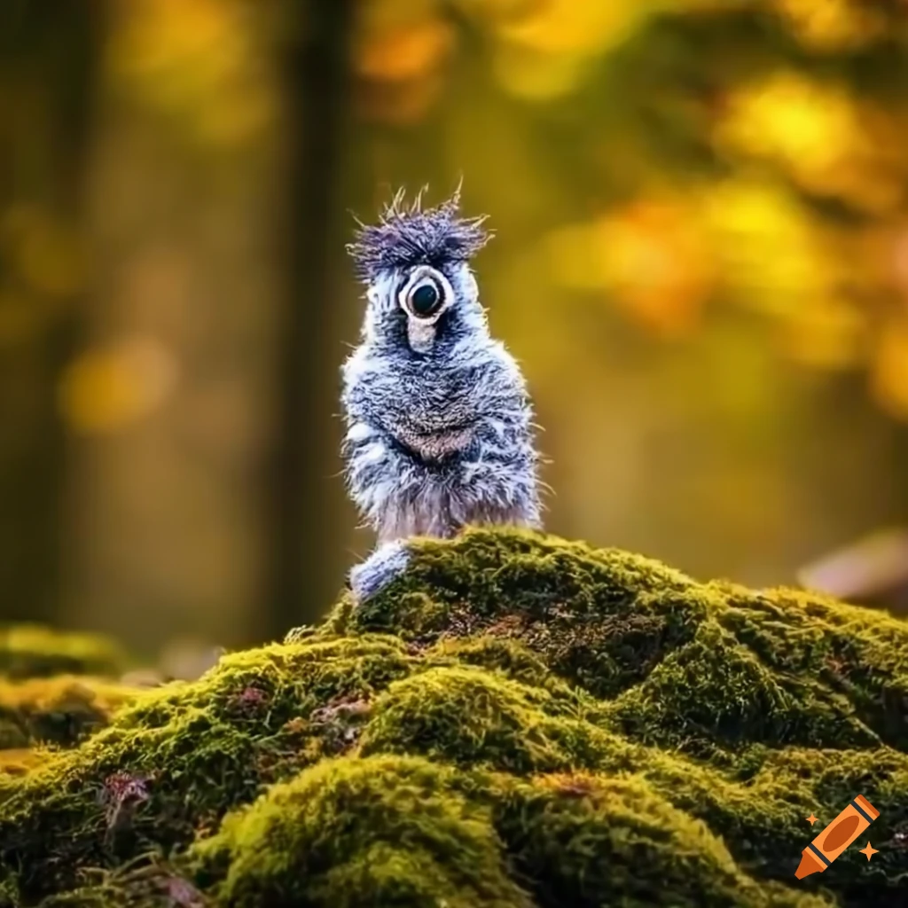 silver muppet sitting in an autumn forest