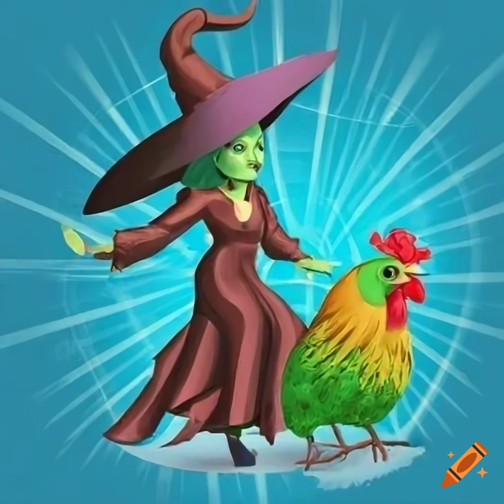 Art of a witch riding a mop with a chicken head