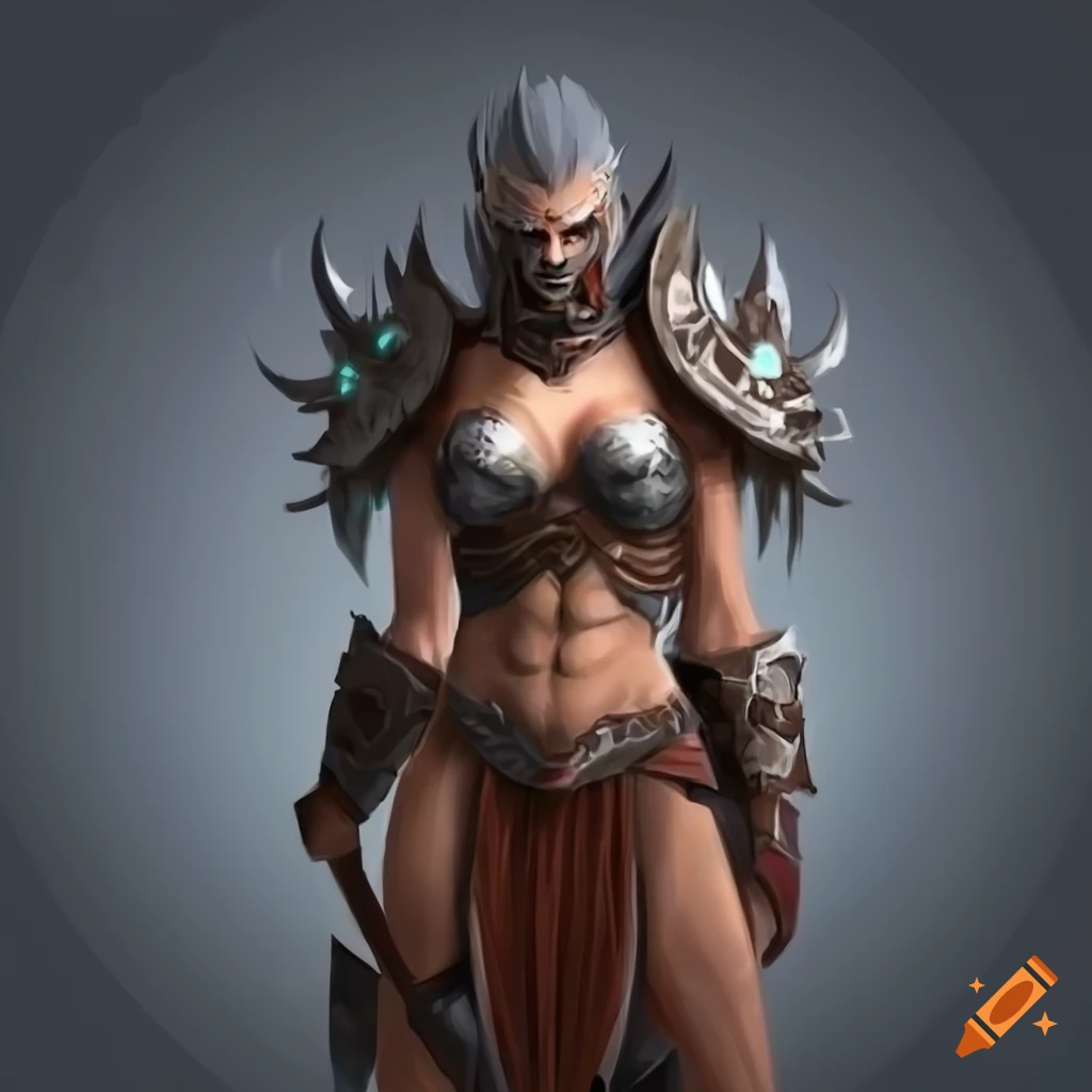 powerful female gladiator in tribal armor