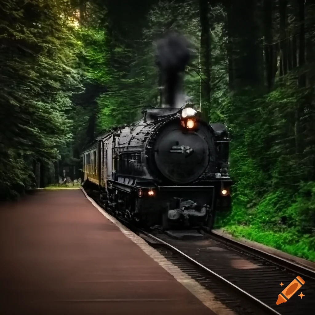 a steam train in a dark forest at night
