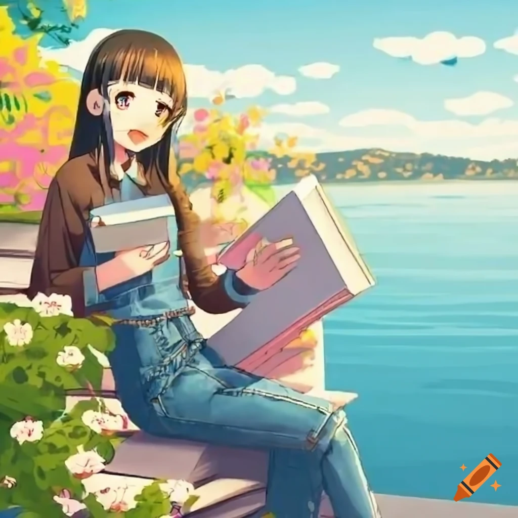 cheerful anime girls studying on a flowering terrace