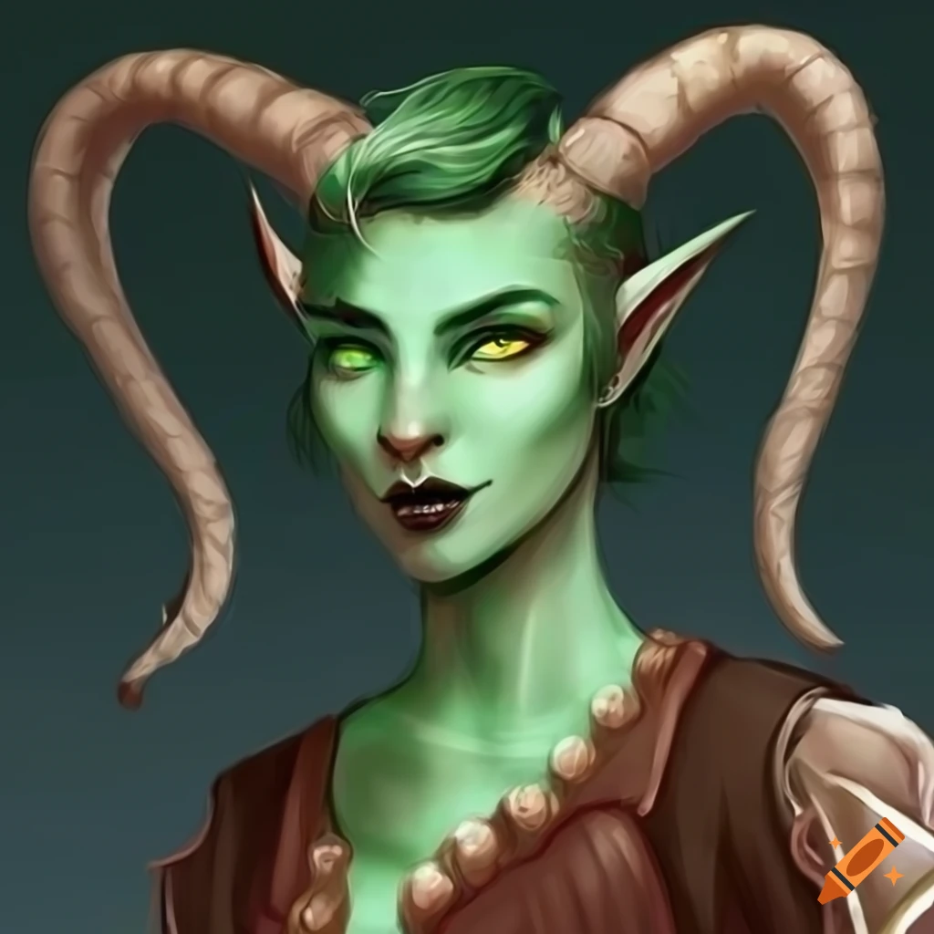 portrait of a female tiefling with dragon-like horns