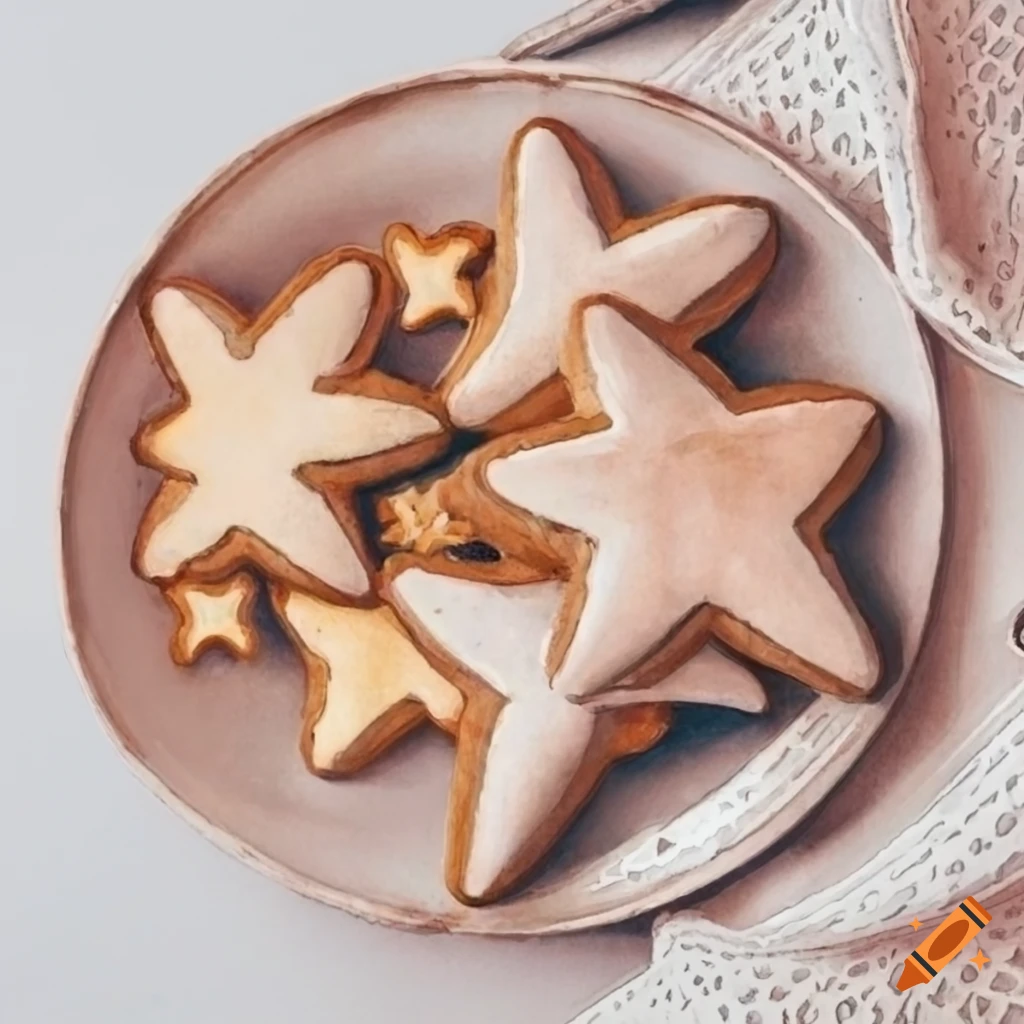 watercolor illustration of star-shaped gingerbreads on a vintage plate