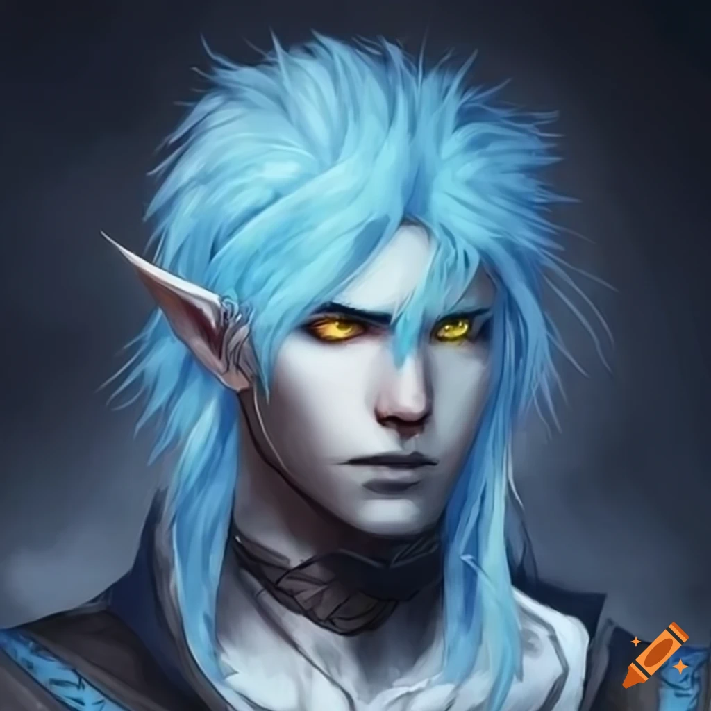 Illustration of a male dark mage with yellow eyes and blue hair