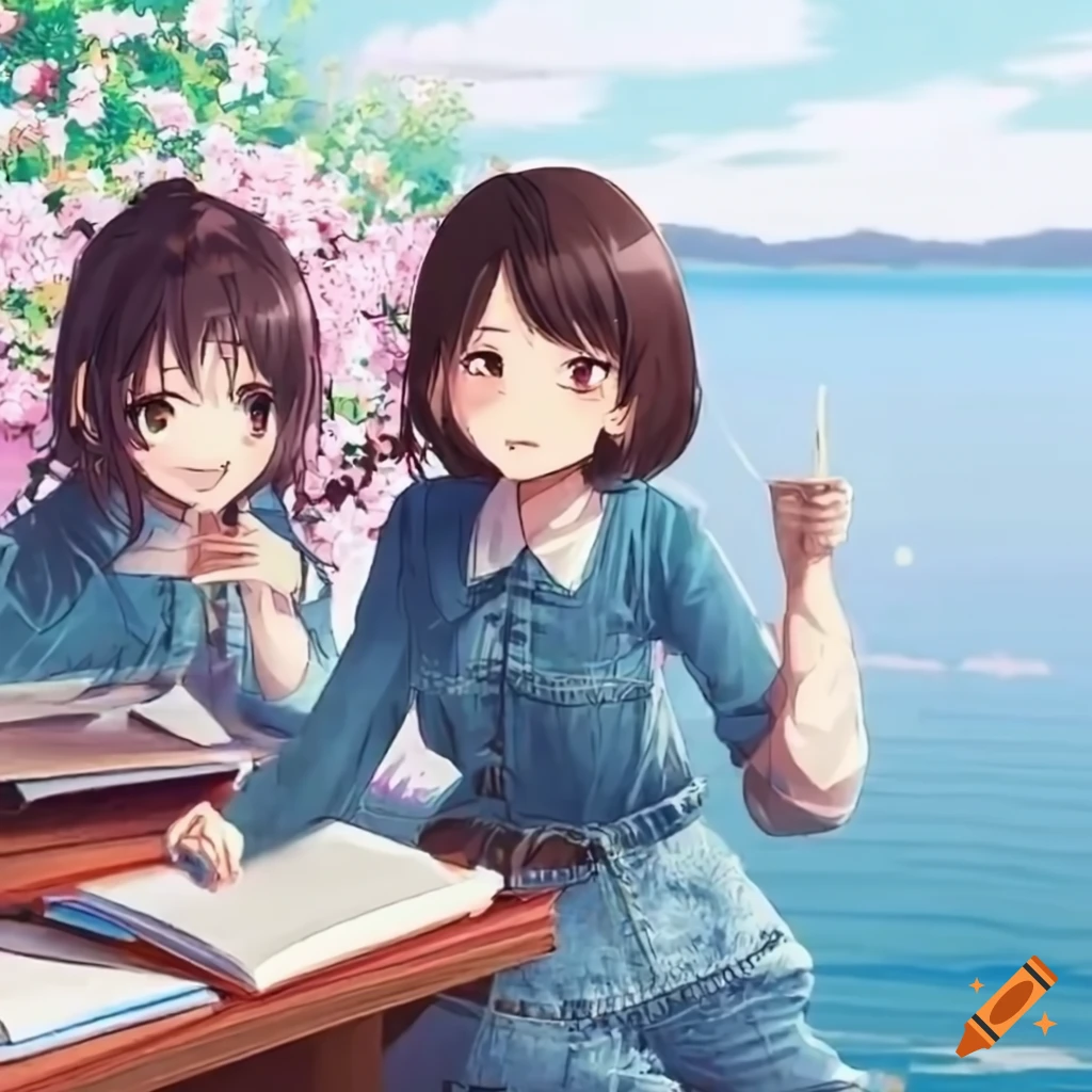 cheerful anime girls studying on a flowering terrace