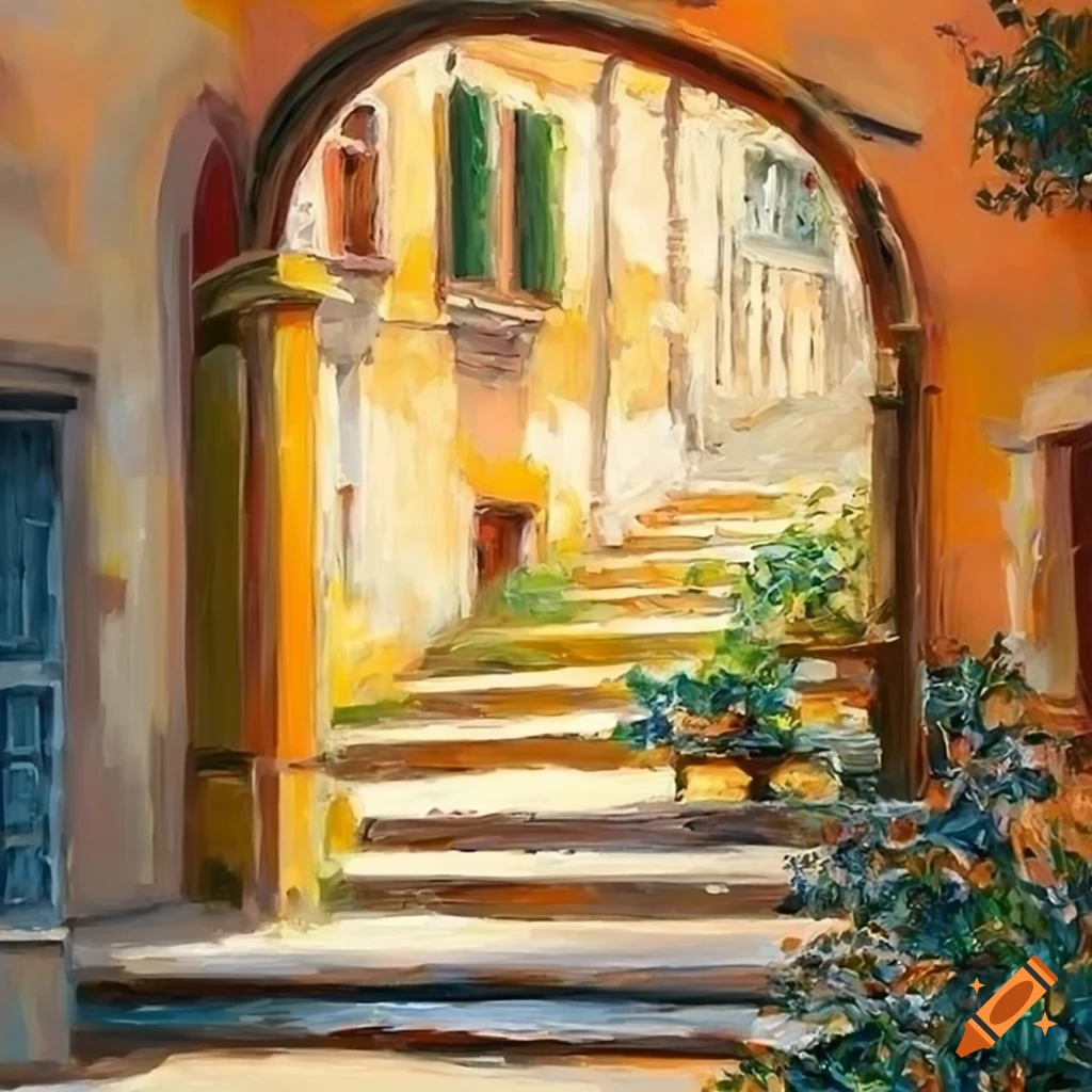 oil painting of a small Italian house and courtyard