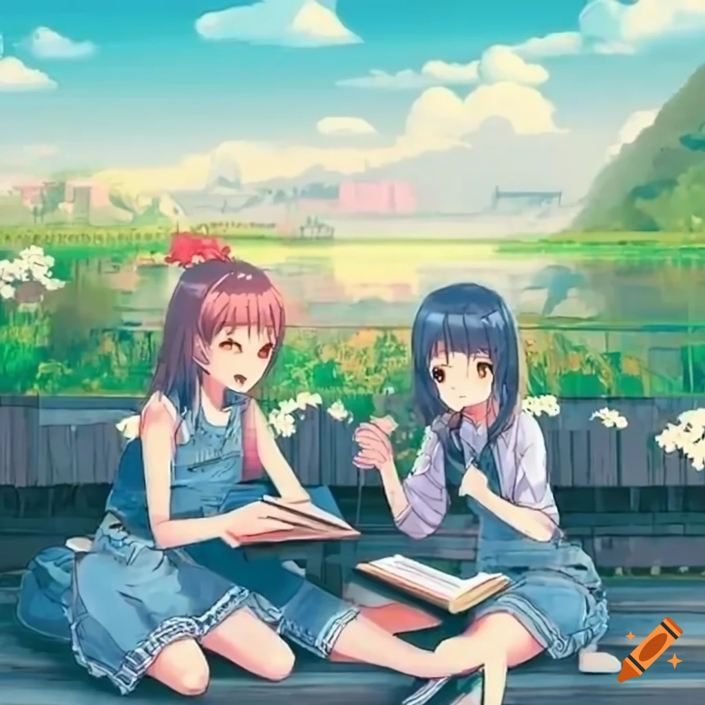 cheerful anime girls studying on a flowering terrace