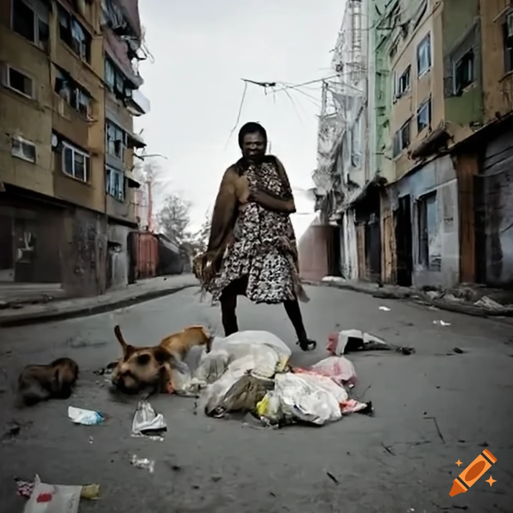urban landscape with stray dog and trash-filled empty lot