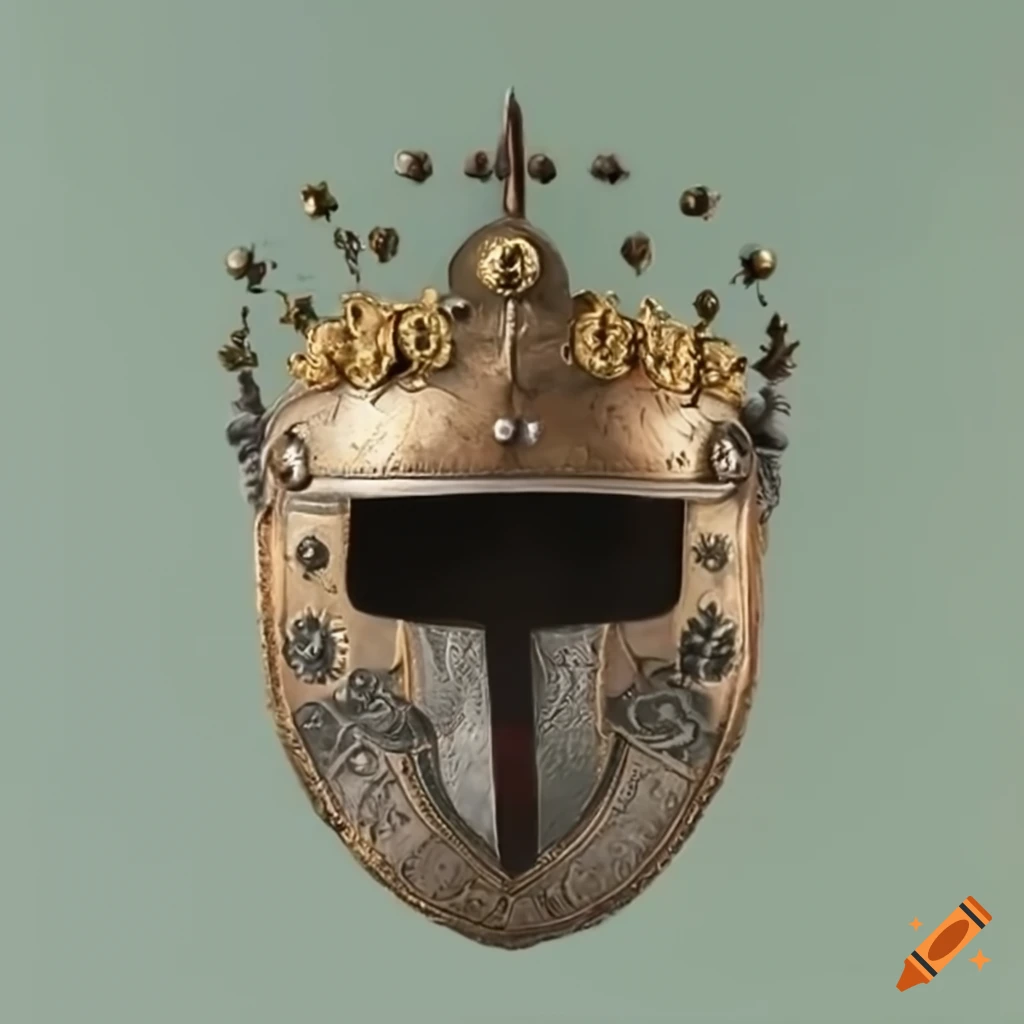 heraldic shield with silver cross and green oak branch