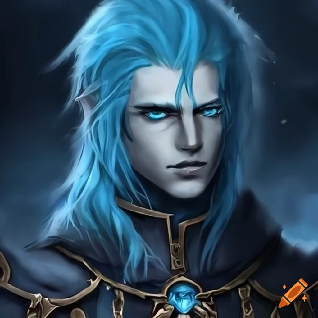 cosplay of a dark mage with yellow eyes and blue hair