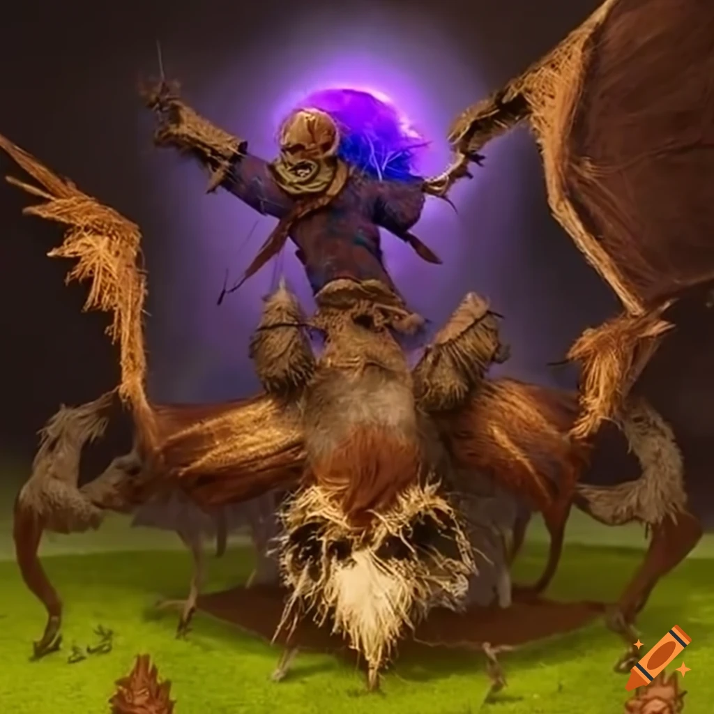 epic battle between scarecrow and giant fluff ball