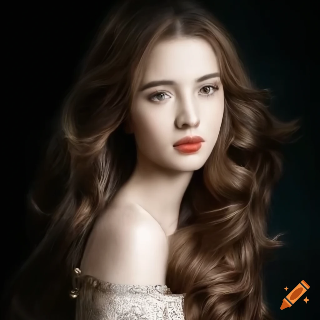 photo-realistic portrait of a beautiful woman with brown wavy hair and red lips