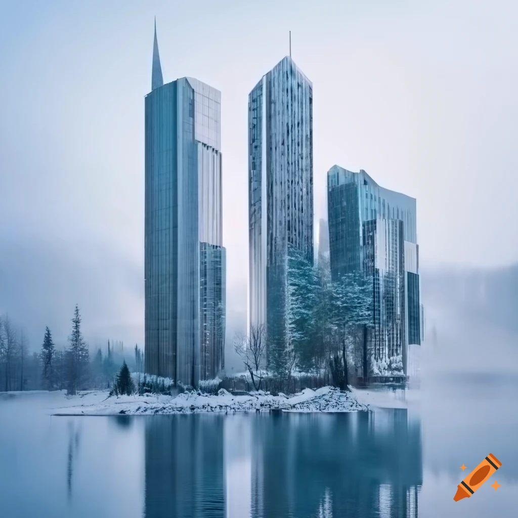 modern skyscraper with restaurant near a lake in a snowy forest