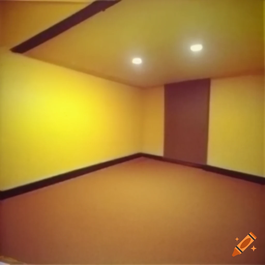 1990s photo of an empty place with yellow walls and arch doorways
