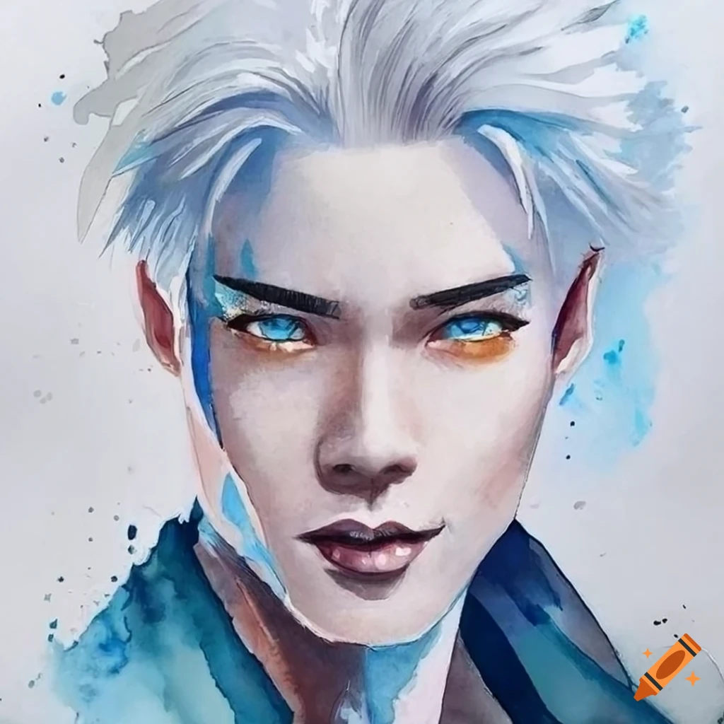 Watercolor portrait of a mesmerizing man with white hair and gold eyes ...