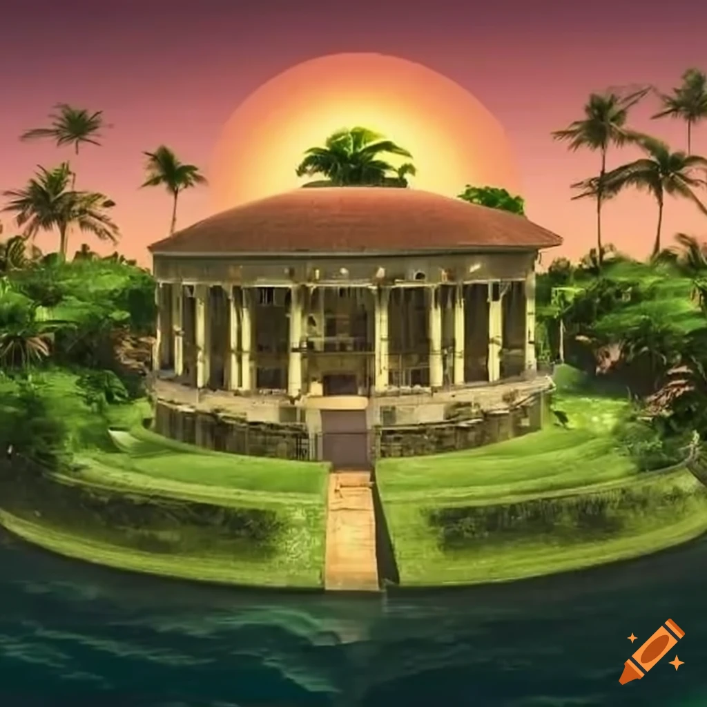 illustration of a tropical island in space with roman buildings