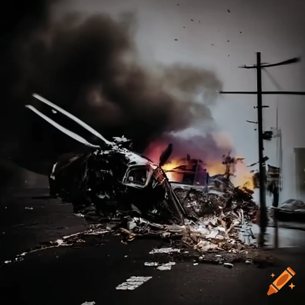 helicopter crash and destruction on the road