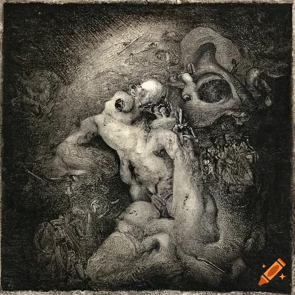 abstract collage artwork inspired by Gustave Doré and Zdzisław Beksiński