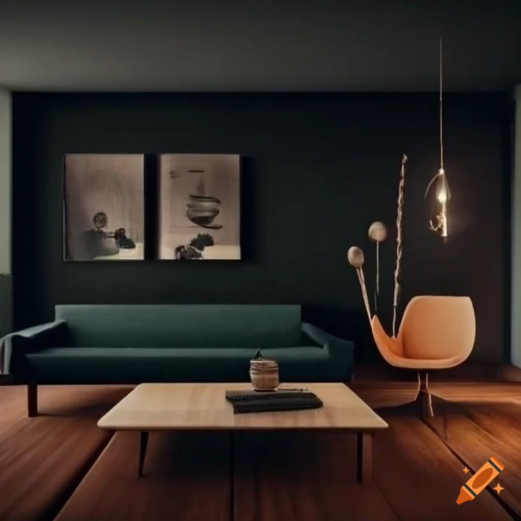 Mid century modern room with dark moody colors