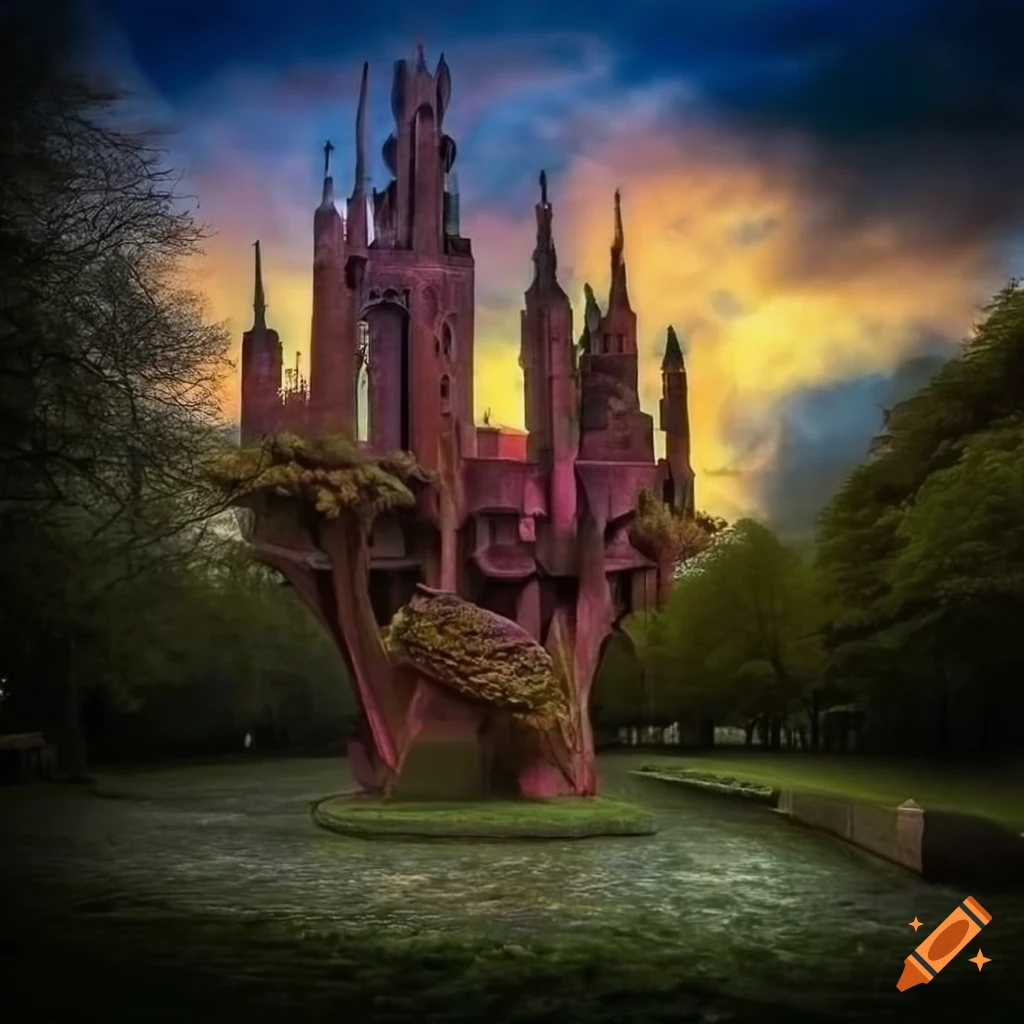 surrealistic urban park with sculptures and public lamps