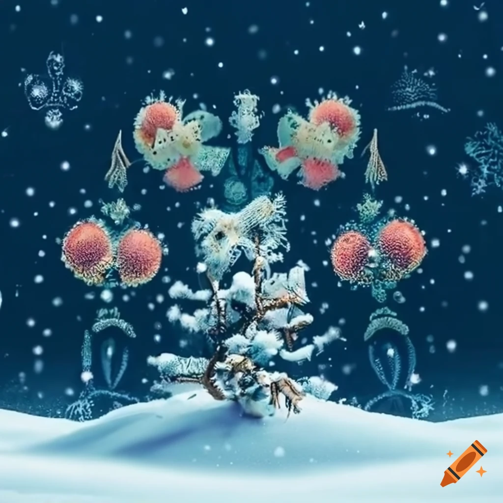Haeckel-style winter villages in falling snow