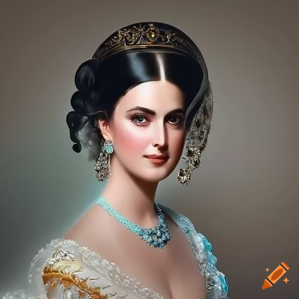 Elegant Portrait Of A Black Haired Blue Eyed Woman In Ornate 1850s