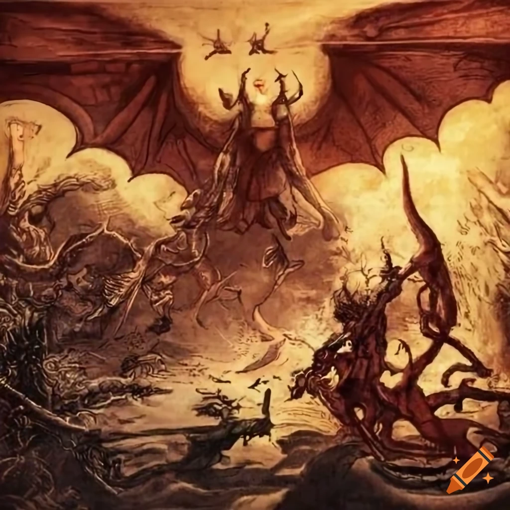 Artistic depiction of God's victory over Satan's army on Craiyon