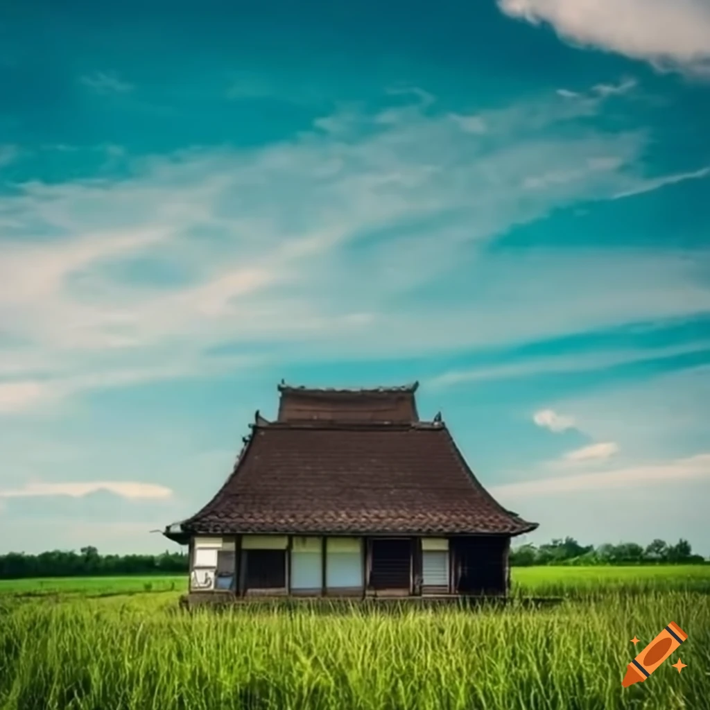 abandoned Japanese house on a green field