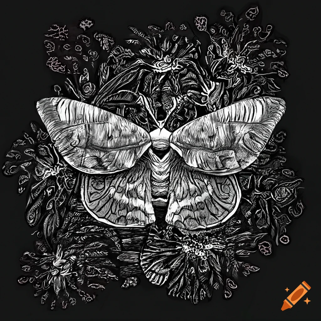 magical black and white illustration of a moth