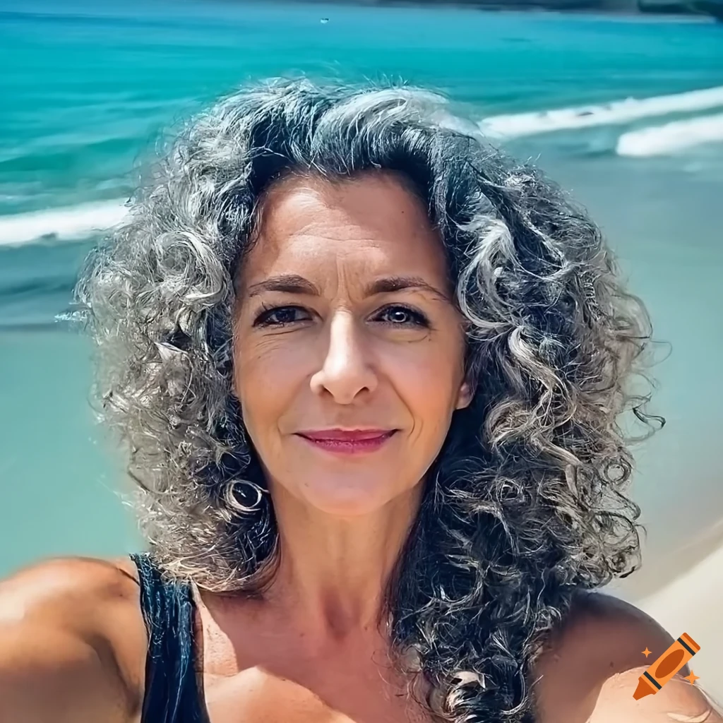 Portrait of a confident middle-aged woman with gray curly hair on Craiyon