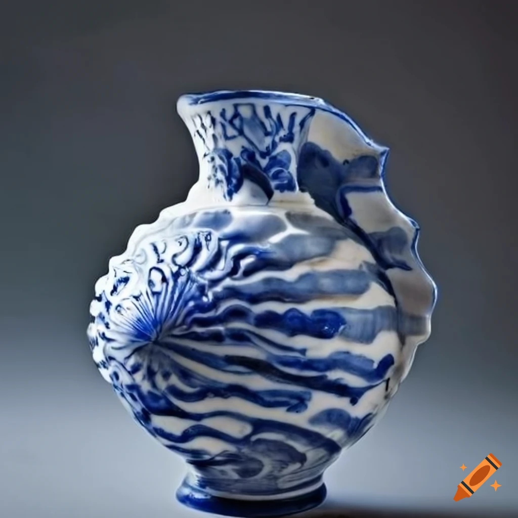 Blue and white shellshaped earthenware vase on Craiyon