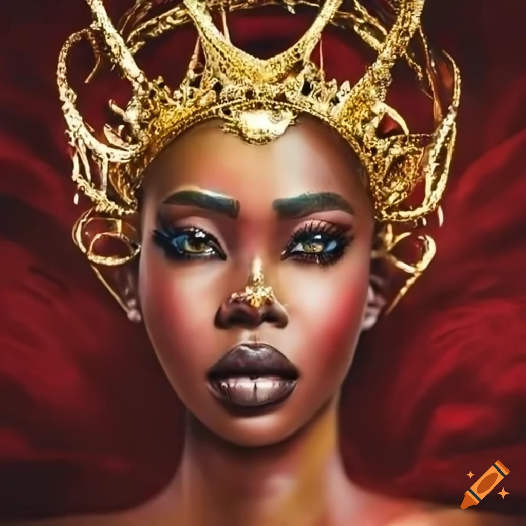 black woman goddess in a golden crown and red dress