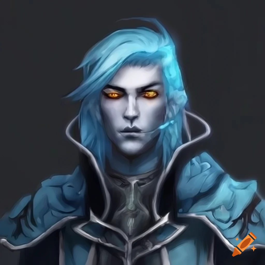 image of a male dark mage with yellow eyes and ice blue hair