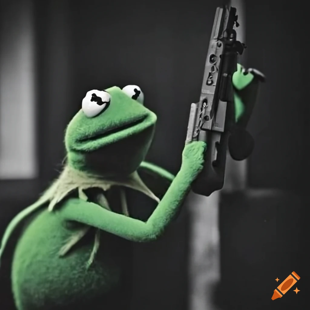 Vintage black and white image of Kermit the frog holding a gun on Craiyon