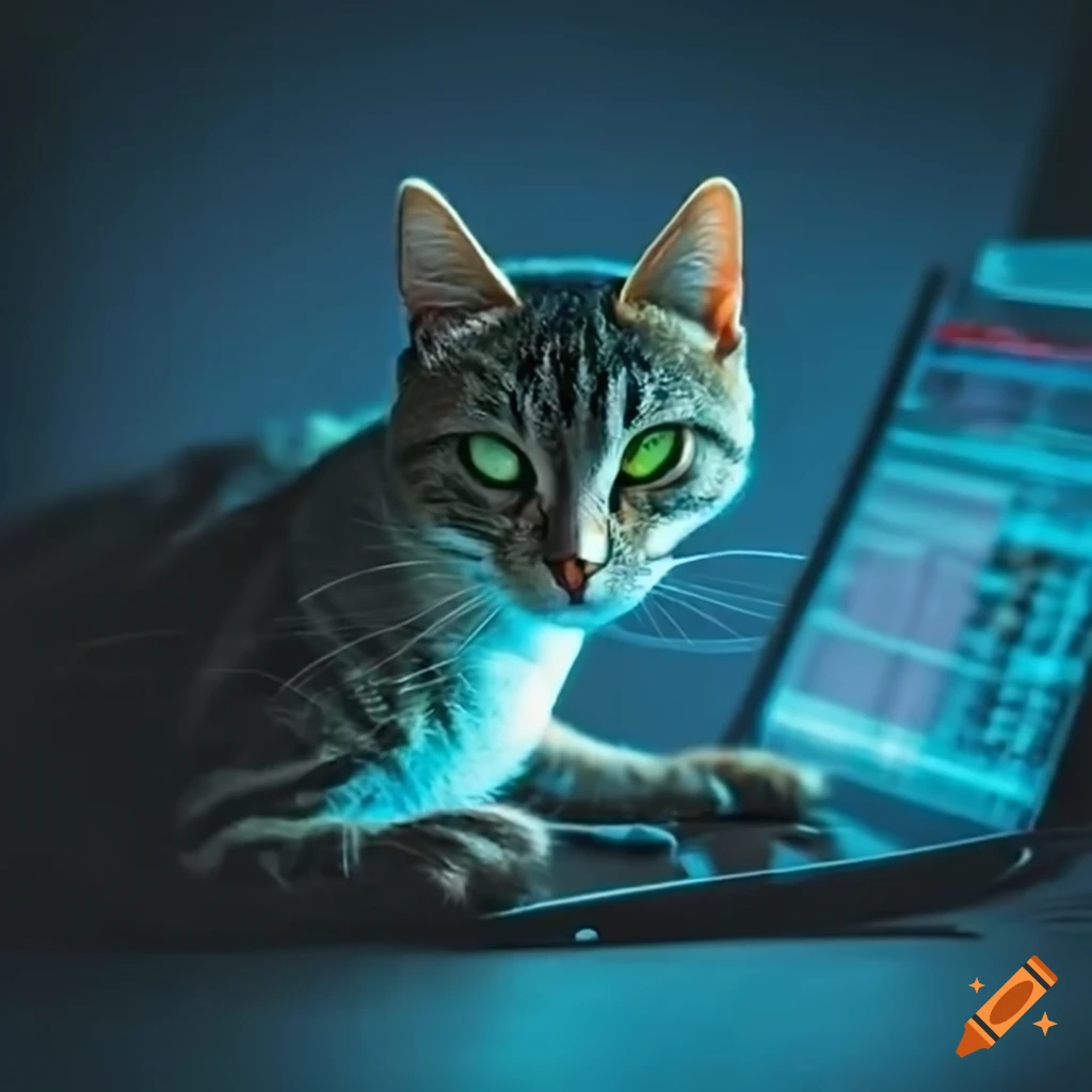Programmer coding with a cat on the screen