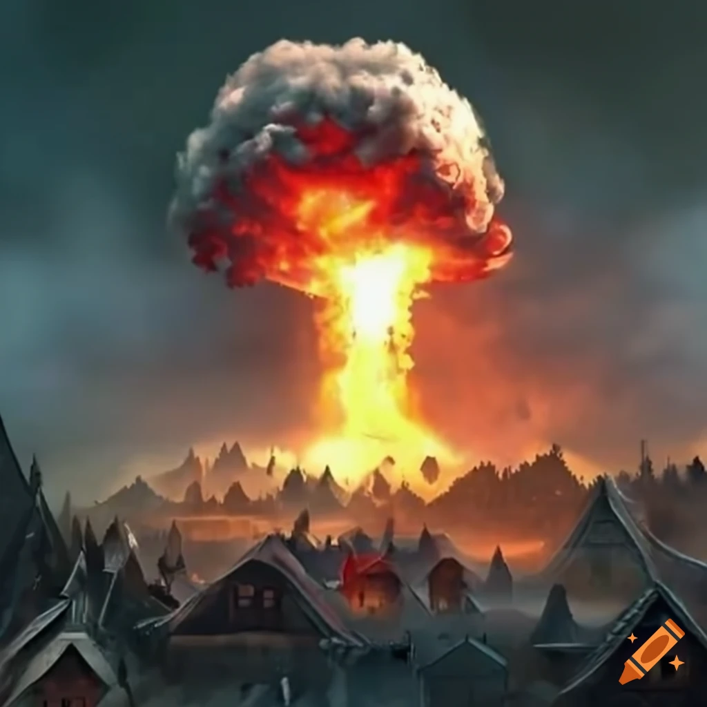 image of a nuclear pulsar explosion in a fantasy village