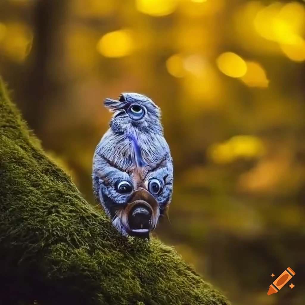silver muppet sitting in an autumn forest