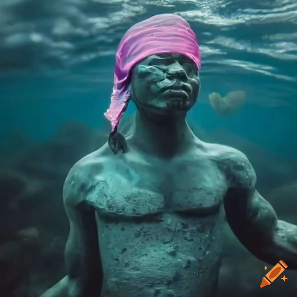 underwater sculpture of a black man with a pink bandana