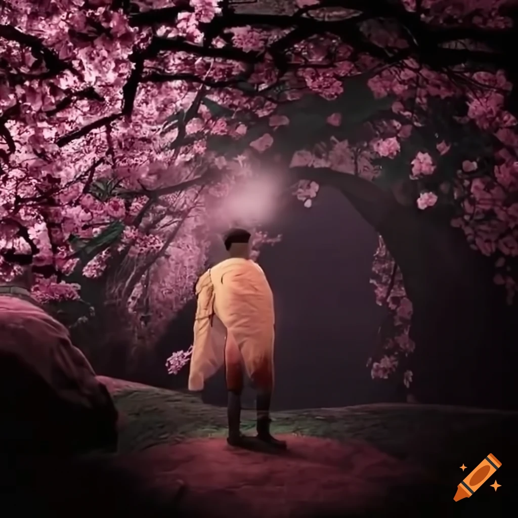 man standing in a cave with a saw and cherry blossom tree