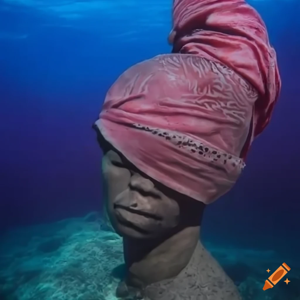 underwater sculpture of a black man wearing a pink bandana