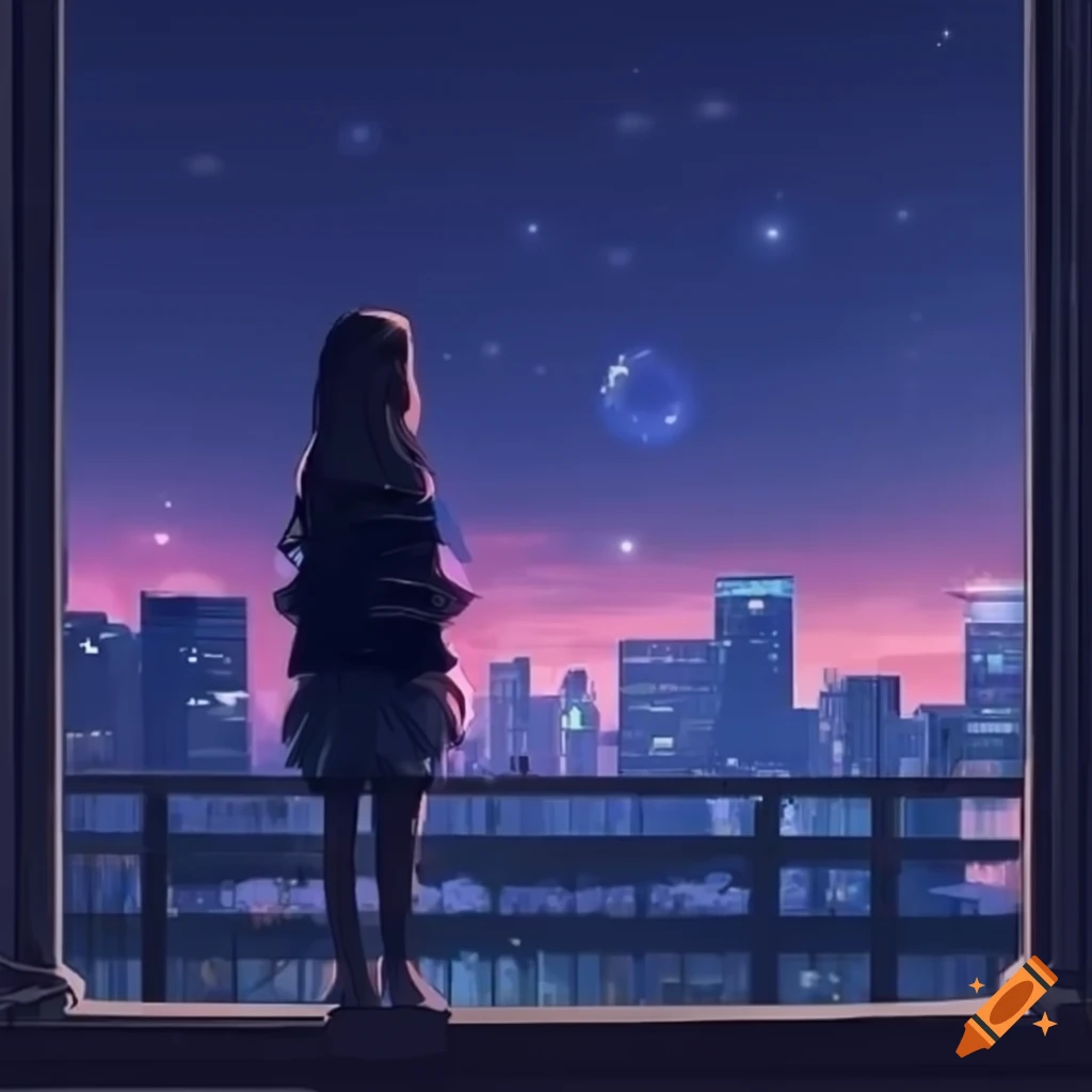 anime-style artwork of a person looking out a window at the city at night