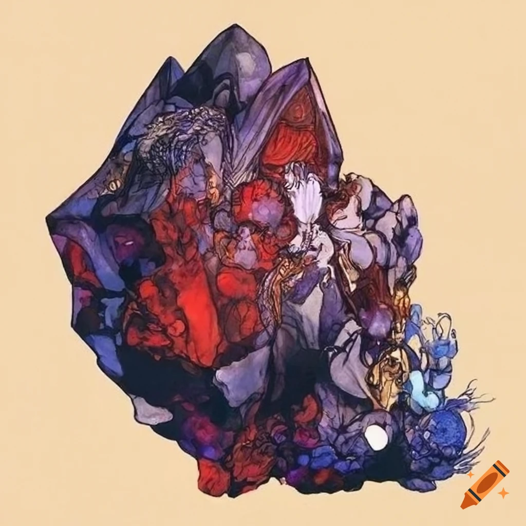 Yoshitaka amano style artwork of a decaying crystal ore on Craiyon