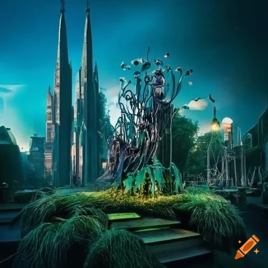 surrealist-park-in-a-gothic-futuristic-city-with-modern-sculptures-on