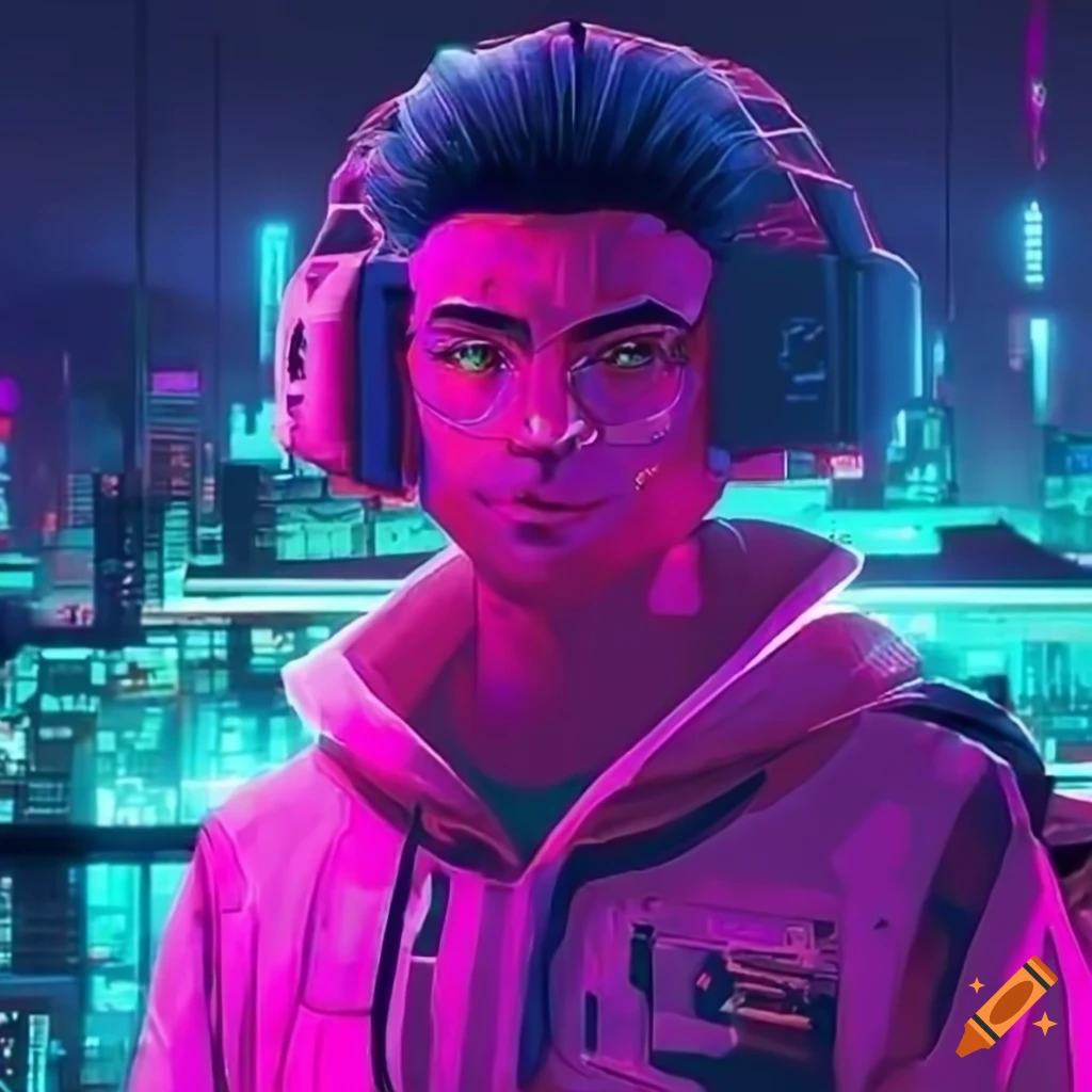 Cyberpunk cityscape with a software engineer in chrysanthemum city