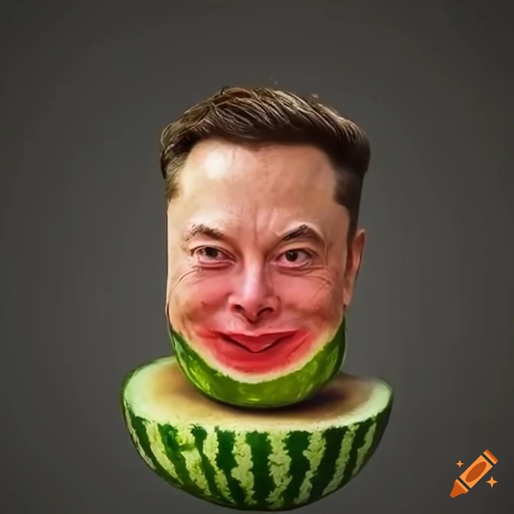 Satirical image of elon musk with a watermelon head on craiyon