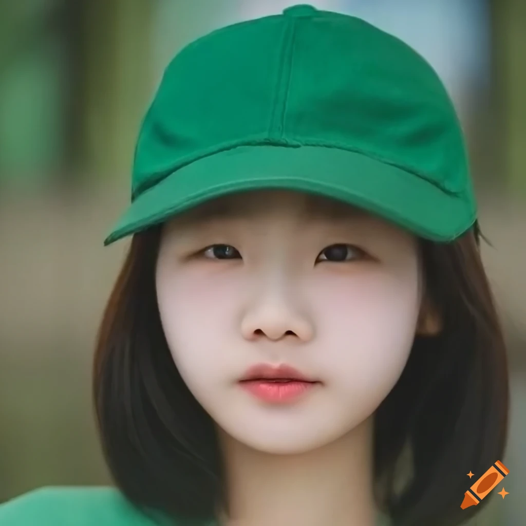 Korean girl with black hair and green outfit