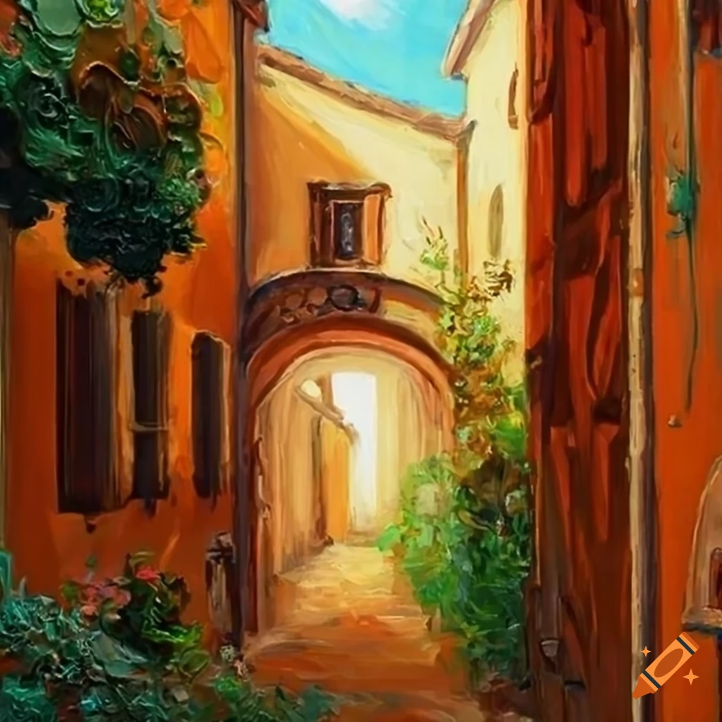 detailed oil painting of a small Italian house at golden hour