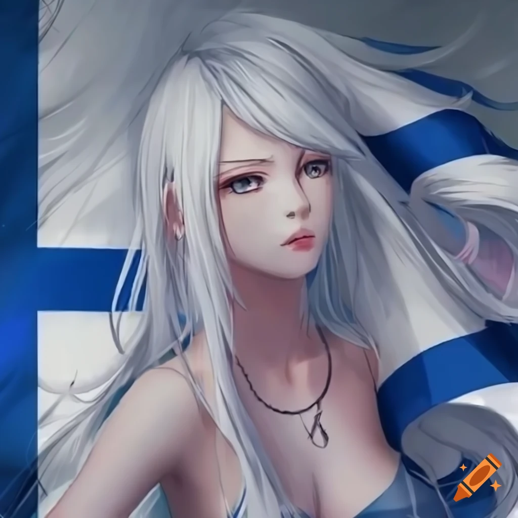 detailed white haired anime cat girl with Finland flag theme on Craiyon