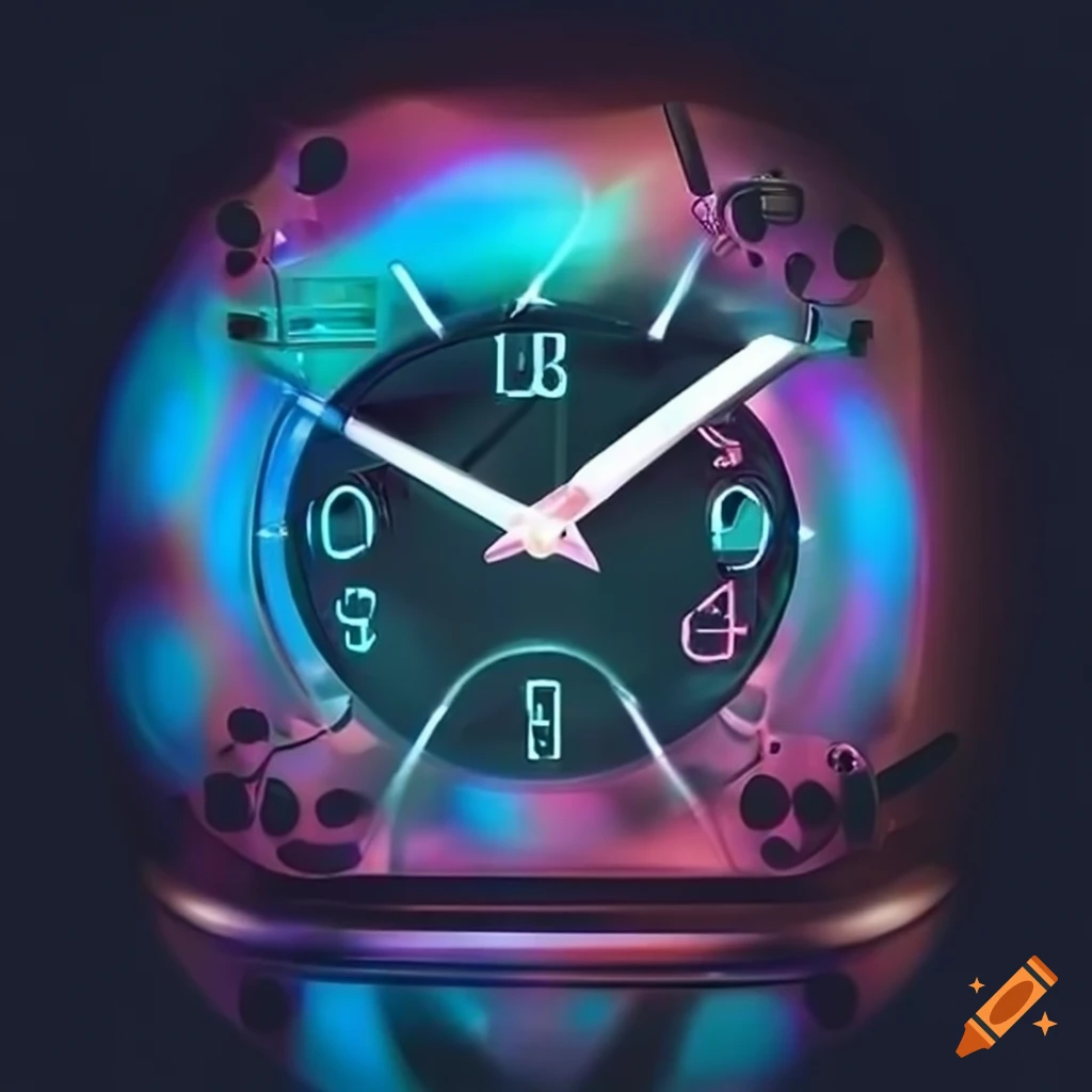 Futuristic analog clock and hourglass fusion